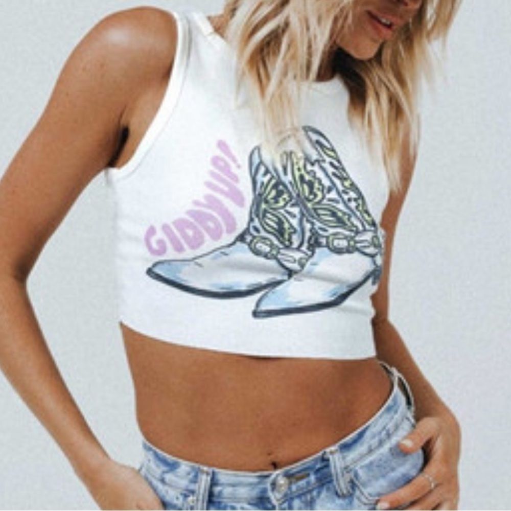 Princess Polly White Tank Top with Graphic Print